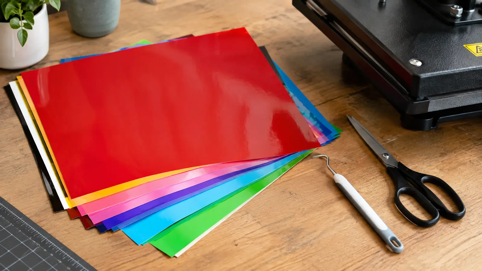 A stack of vinyl sheets in assorted colors on a craft table next to a heat press