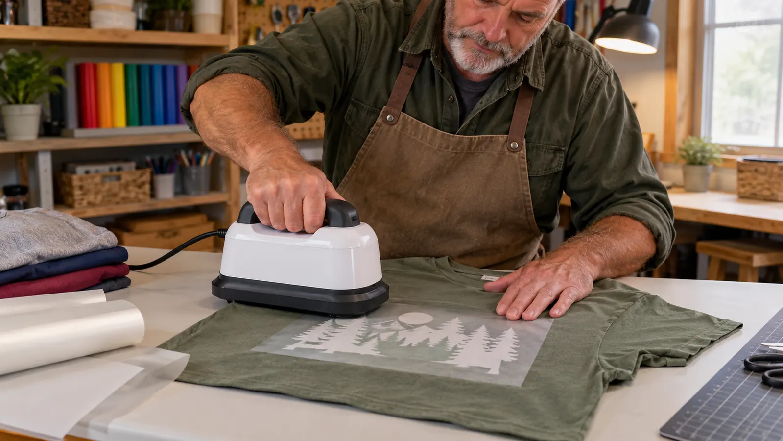 A hand pressing a vinyl sheet onto a shirt with a small heat press on a folding table