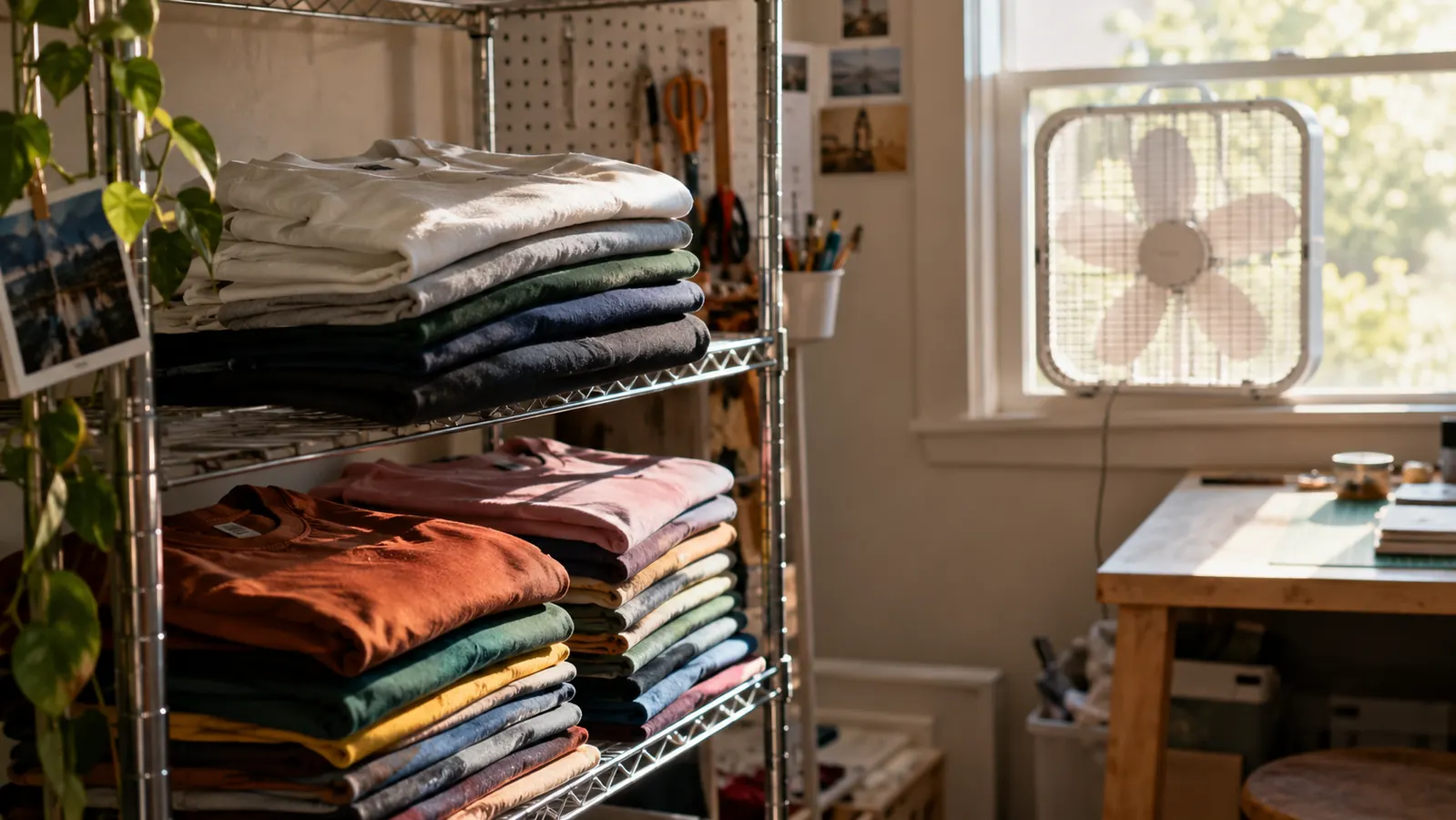 A stack of finished shirts in different colors on a wire shelf in a craft room