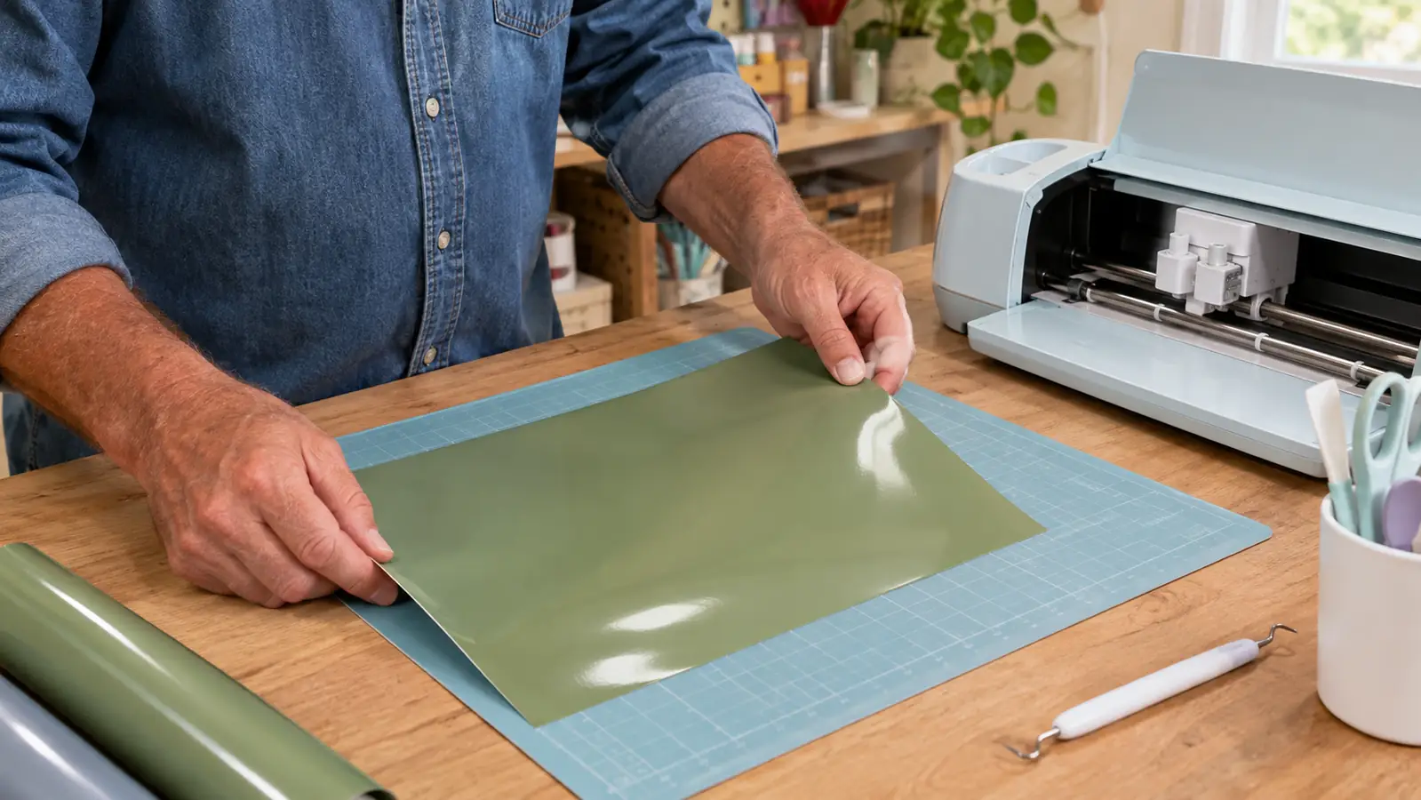 A hand laying a sheet of heat transfer vinyl on a cutting mat next to a cutting machine