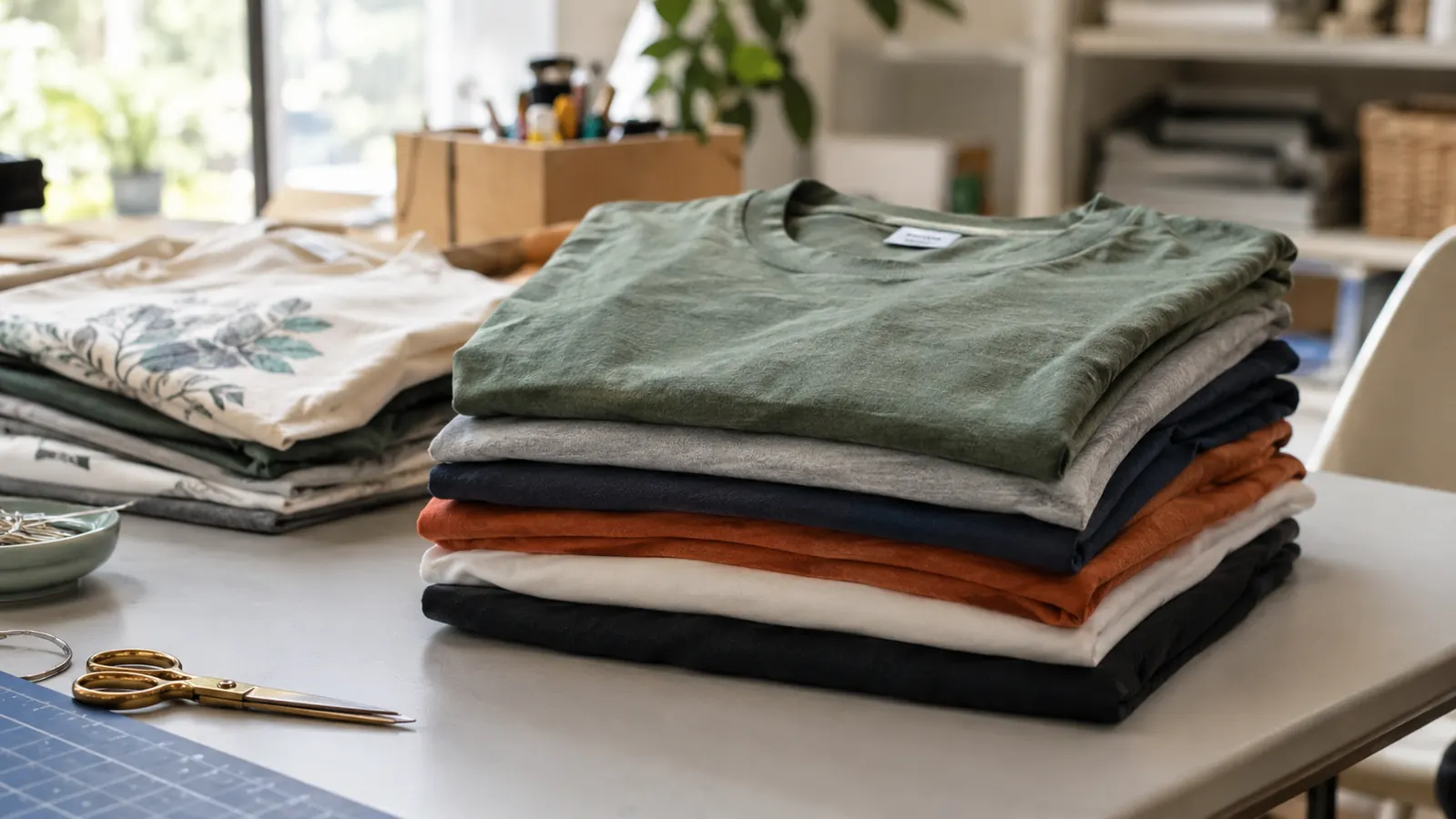 A neat stack of finished shirts on a table in a home craft room
