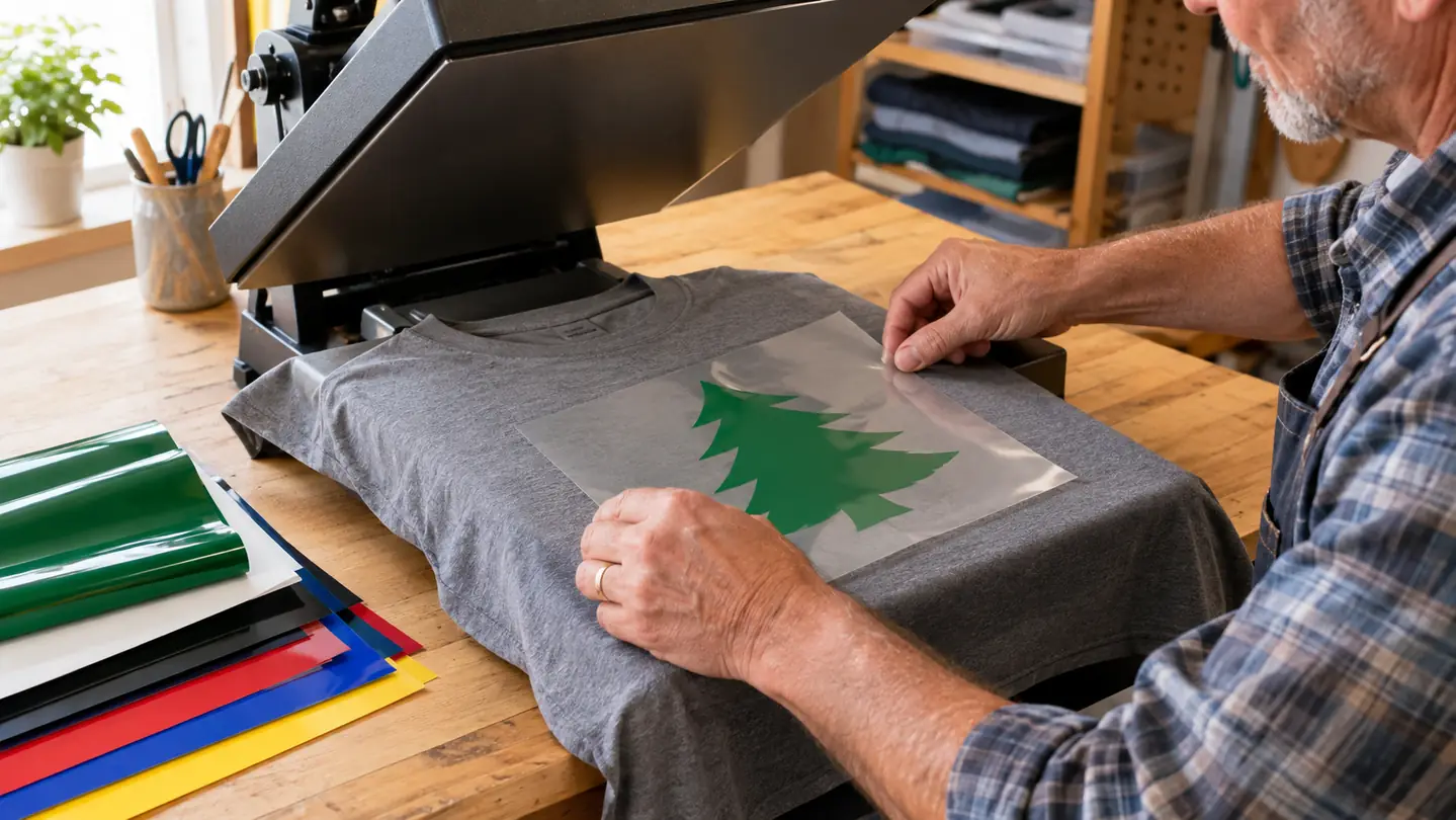 A hand laying a sheet of heat transfer vinyl on a shirt on a heat press platen