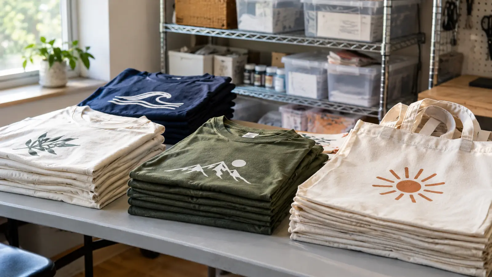 A stack of finished shirts and tote bags with simple heat press designs on a folding table